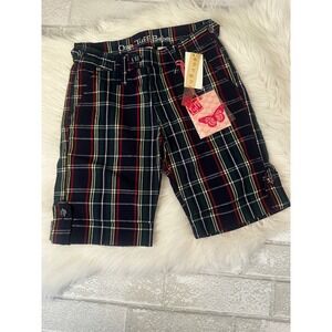 One Tuff Babe Girls Plaid Shorts Navy Green Red Tartan Cuffed Size 7 NWT